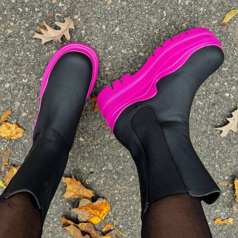 Pink and black chunky rain boots